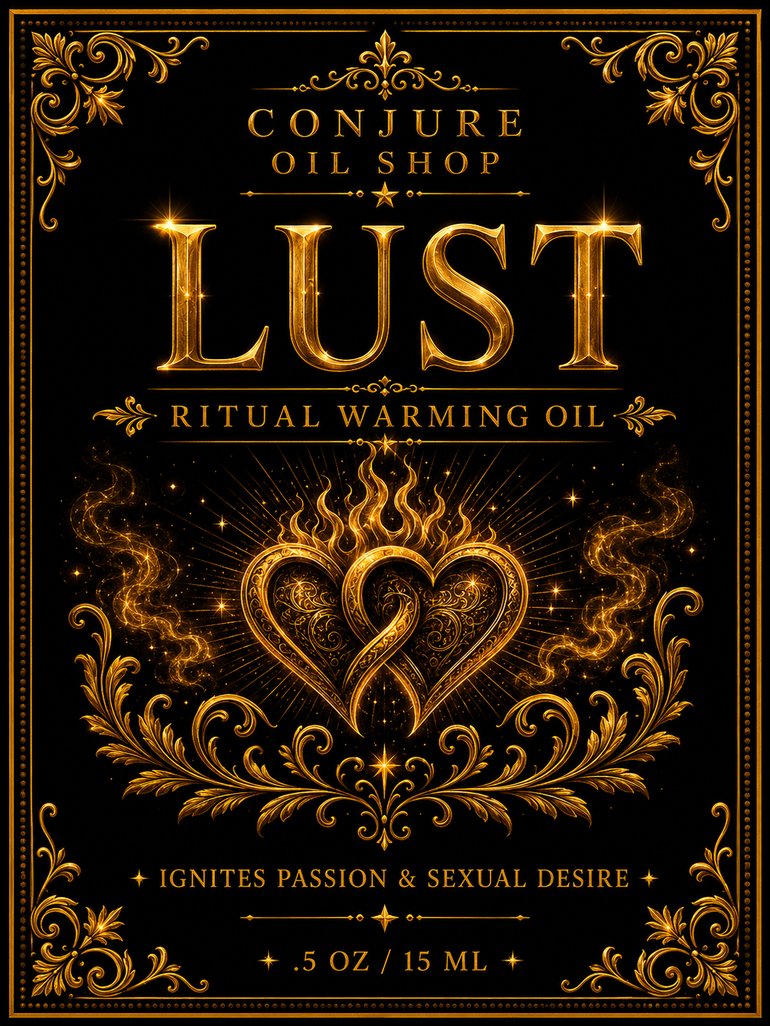 Lust ritual oil label — Ignites passion and sexual desire